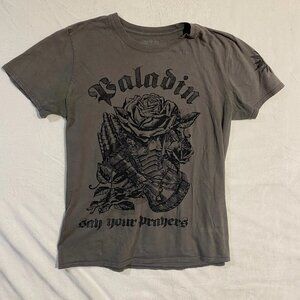 Game Tee Graphic T-Shirt Womens M Gray Paladin Say Your Prayers Hand With Rose
